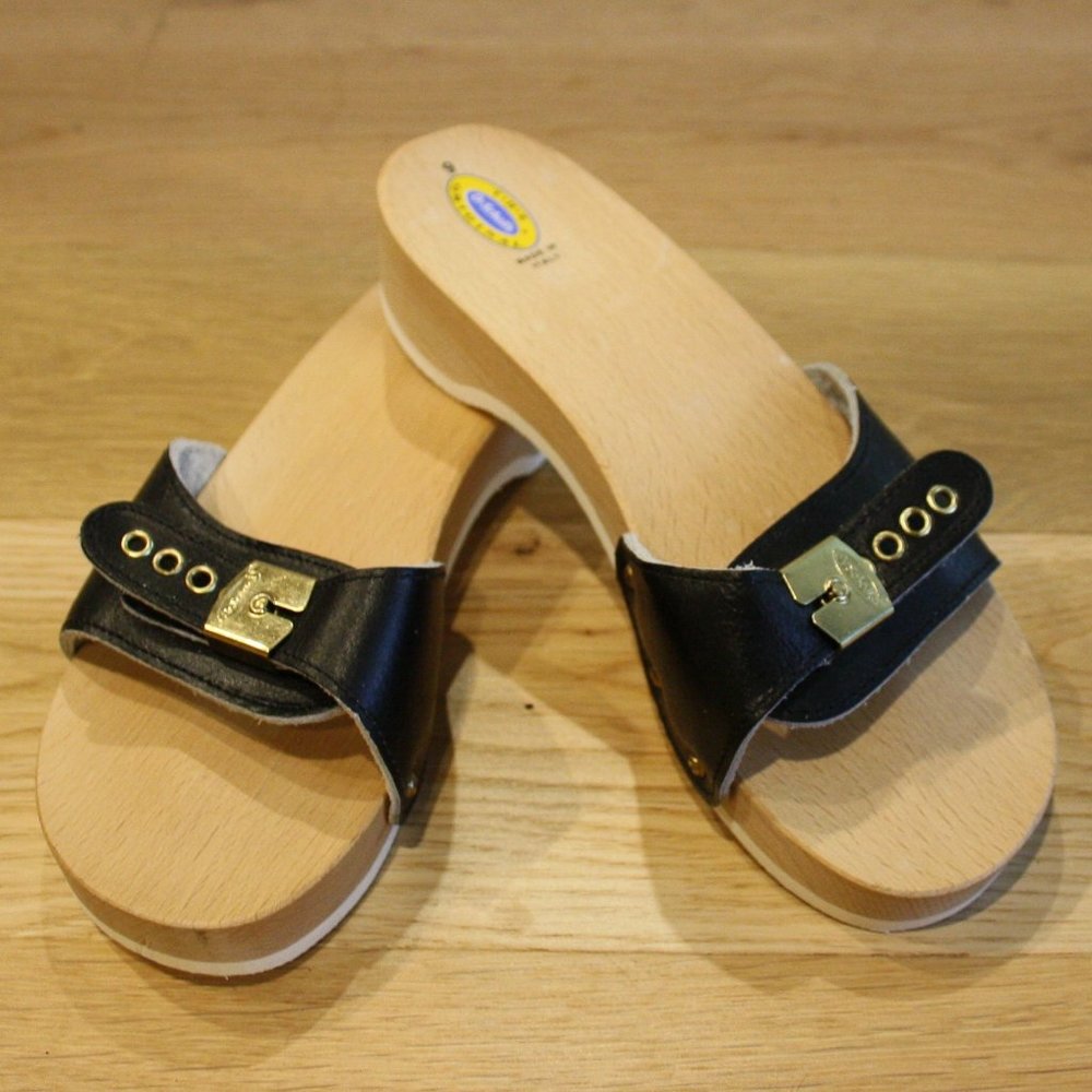 New Vtg Dr Scholl's Wood Original Italy 9 Black